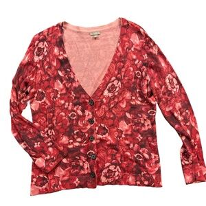 J Jill Pink And Red Floral Cardigan Size Petite Large